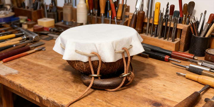 椰鼓蒙皮步驟 - 捆綁繃緊鼓面核心工藝